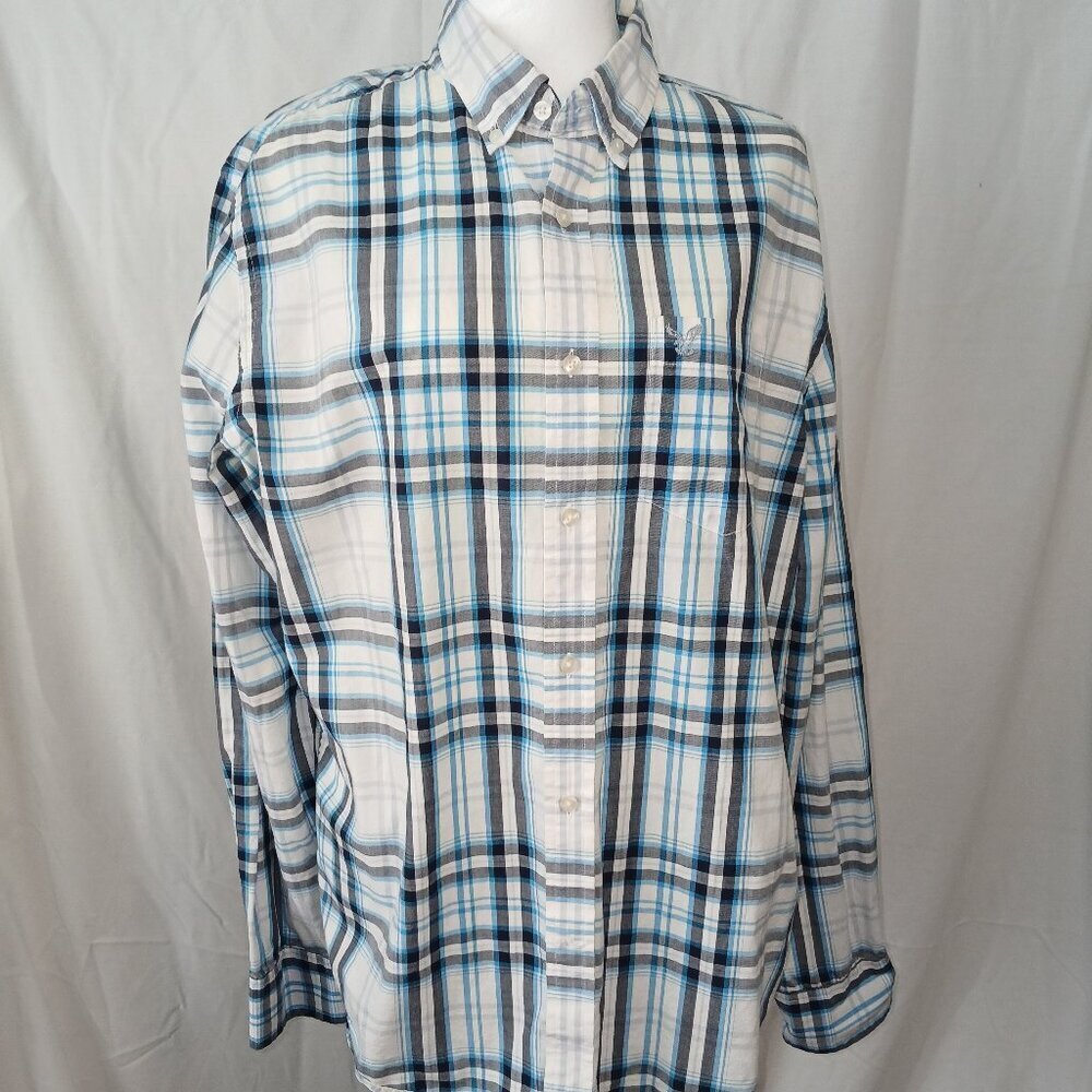 AMERICAN EAGLE OUTFITTERS, PREP FIT PLAID BUTTON DOWN, MENS, SIZE LARGE